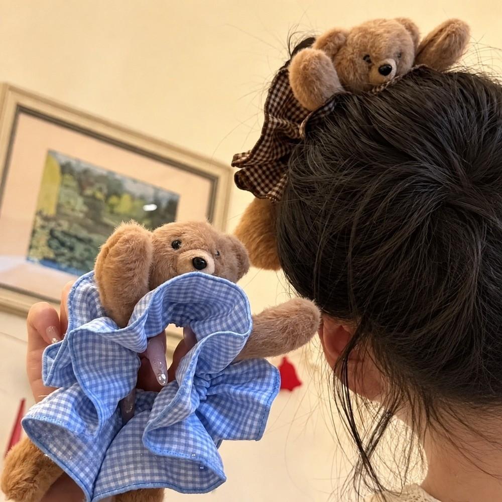 High Elasticity Plush Bear Scrunchies Cute Hair Rope Gift Plaid Ponytail Holder Daily
