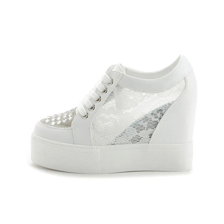 Luxus Keil Damen Schuhe Mesh Sneakers Kristall Schuhe für Frauen Trendy Blumen Patten Designer Schuhe Höhe Erhöhte Damen Schuhe 39 white
