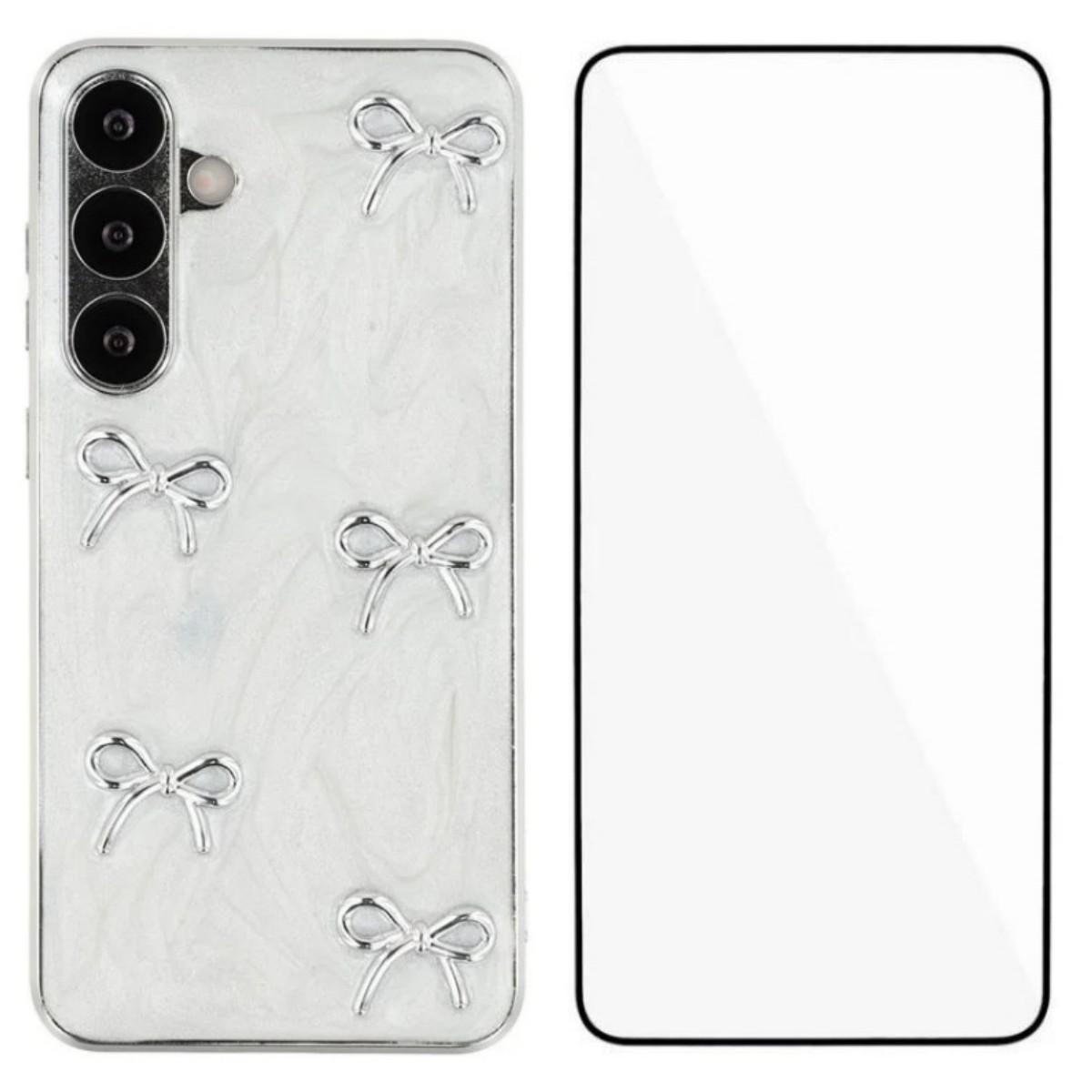 

For Samsung Galaxy S23 FE Case WANLONFENG Electroplated Epoxy TPU+Acrylic Phone Cover with Tempered Glass Metal Bow