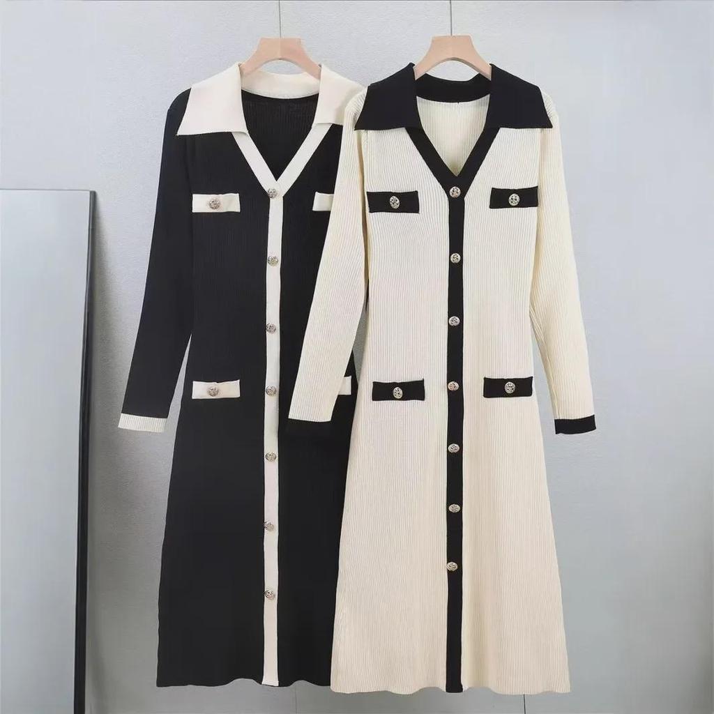 Korean Chic V-Neck Slim Fit Knitted Dress - Spring & Autumn 2025 Collection