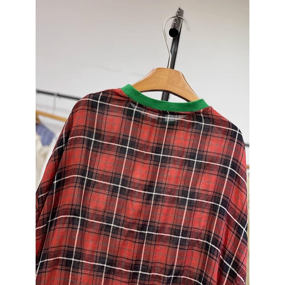 Dimanaf 2025 Summer Linen T-shirt Women Spliced Plaid Printing Short Sleeve Loose Red T-shirt