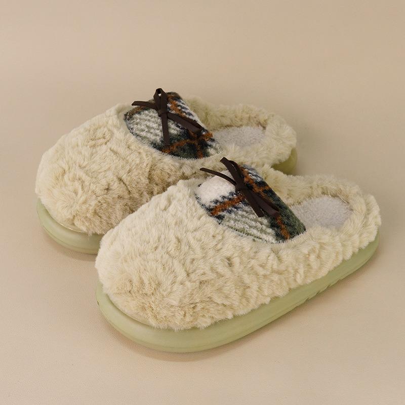 

New autumn and winter cotton slippers cotton-filled wool splicing plaid belt bow non-slip warm cotton slippers 36-37