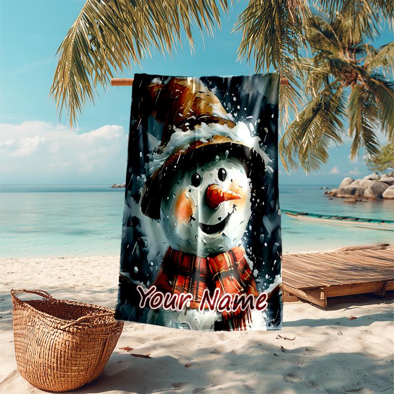 1PC Custom Name Snowman Winter Magic Beach Towel Highly Absorbent And Sand-Resistant Towel for Swimming, Pool, Yoga, And Travel Lightweight