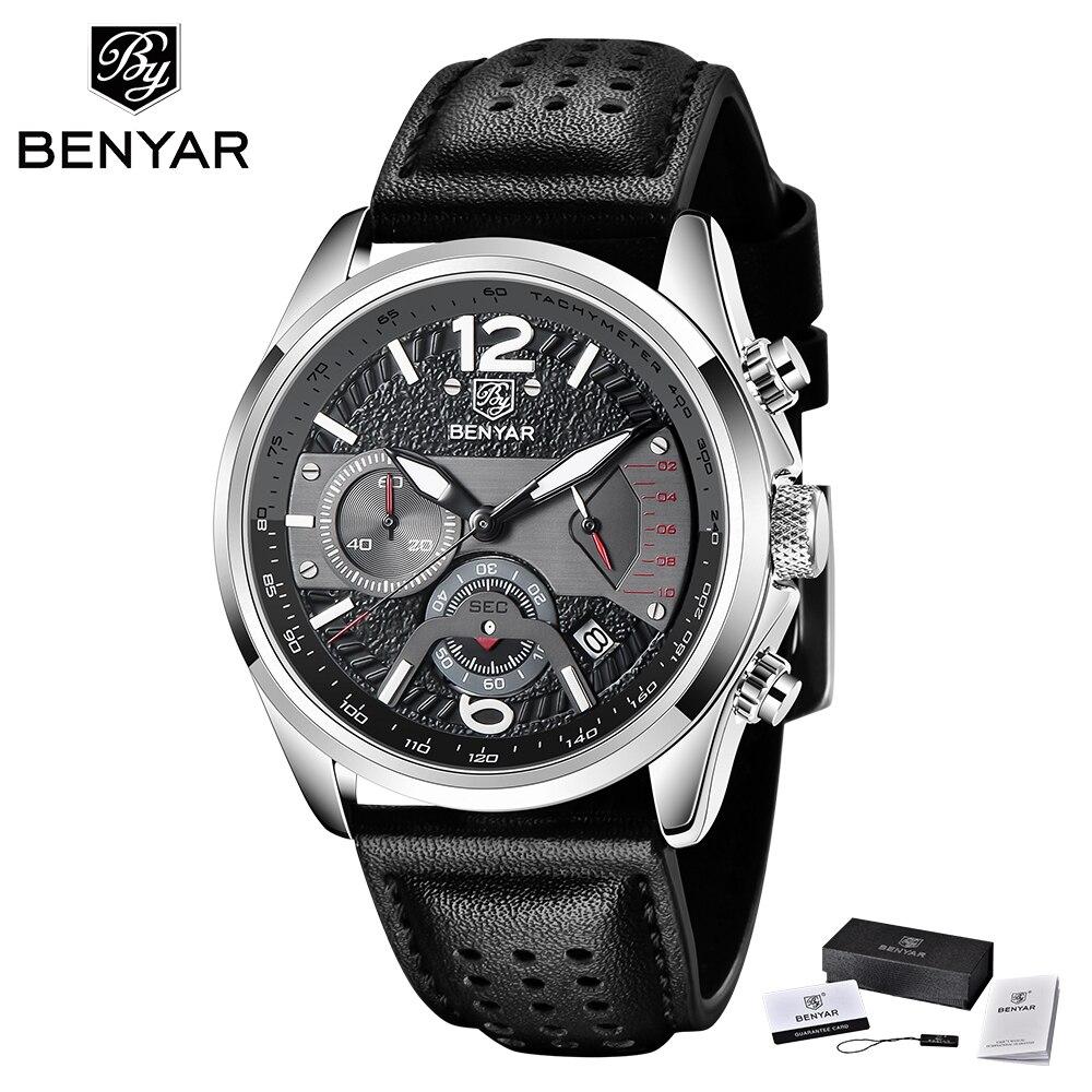 BENYAR Orologio Uomo In Pelle Quarzo - Cronografo 3 Quadranti Data - Business Casual 100m Impermeabile - 2