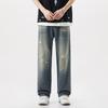 Rotten hole jeans men's summer retro loose wash American ripped hole high street straight wide leg casual trousers men