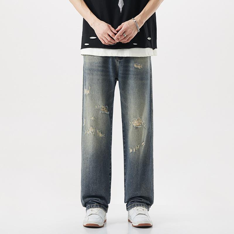 Rotten hole jeans men's summer retro loose wash American ripped hole high street straight wide leg casual trousers men