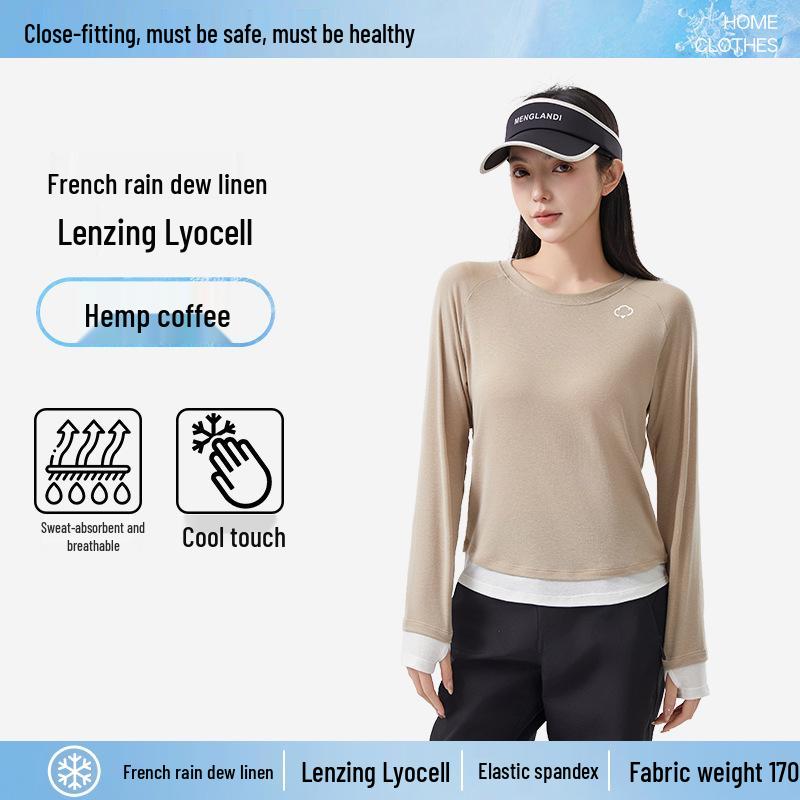 Dámské průsvitné tričko s dlouhým rukávem z lyocellu a lnu slim-fit s designem falešného dvoudílného vzhledu