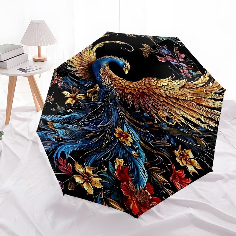 1pc Phoenix FlowersOpen/Close Umbrella-Windproof, Compact Travel Umbrella, Sturdy 8-Rib Shaft, Outdoor Accessory1211