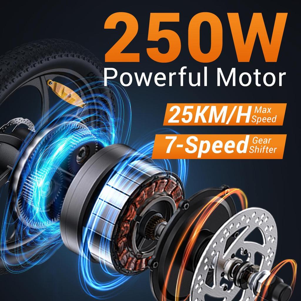 HillMiles MilePort 1 Folding Electric Bike, 20" Fat Tire E-Bike, 36V 13Ah Battery, 250W (Peak 350W) Motor, 7-Speed, 100KM Range, City/Commuter