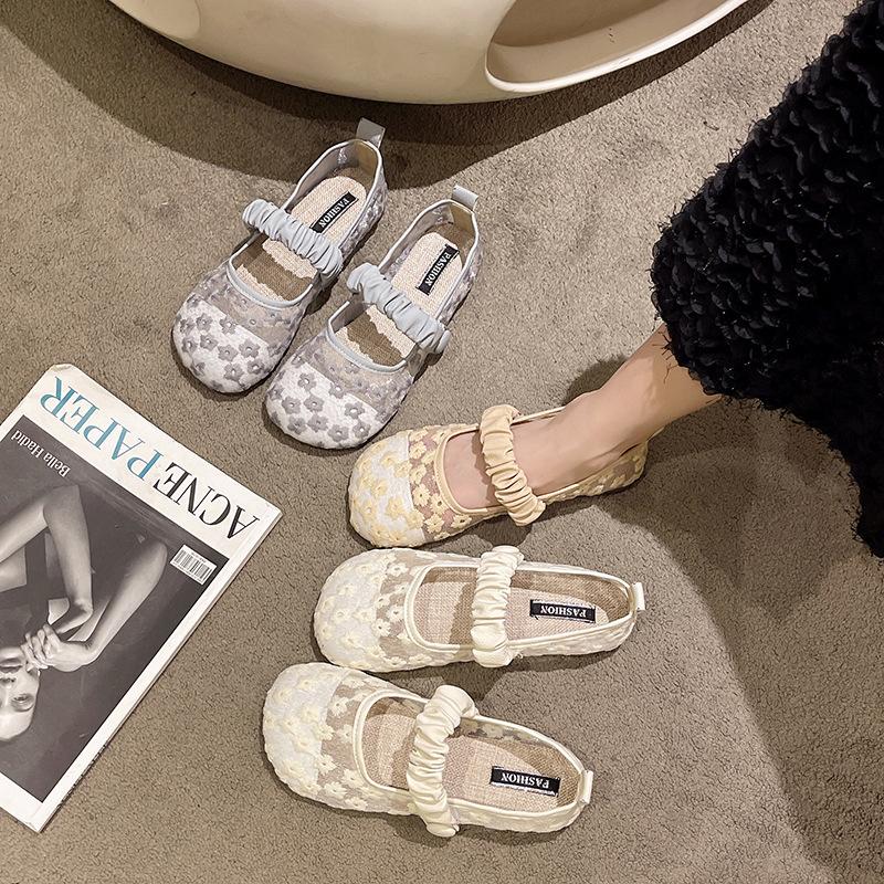 Mary Jane Sandalen Damen 2025 Sommer Atmungsaktive Mesh Schuhe Flache Doudou Schuhe mit Rock Französischer Abendwind Oma Schuhe