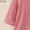 ZANZEA Women Vintage Round Neck 3/4 Sleeves Loose Plaid Blouses