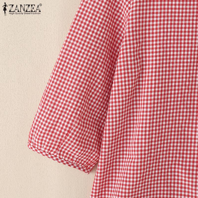ZANZEA Women Vintage Round Neck 3/4 Sleeves Loose Plaid Blouses