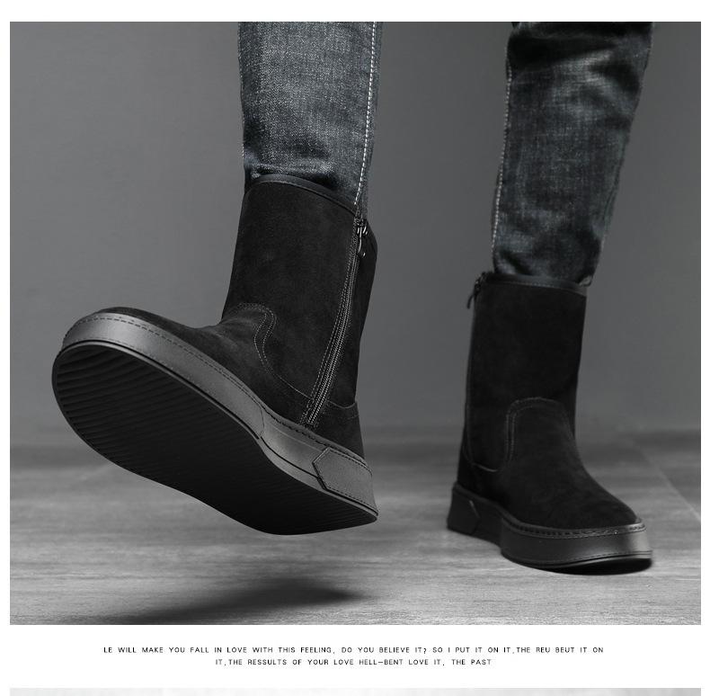 Men's Trendy Suede Cowhide Snow Boots: Warm High-Top Casual Cotton, Fashionable, Versatile Slip-On with Side Zipper