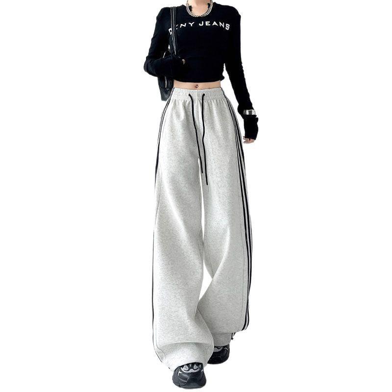 Γκρι Γυναικεία Ψηλόμεση Φαρδιά Φόρμα με Τρεις Ρίγες - Συλλογή Άνοιξη 2025, Κολακευτική, Ευέλικτη, Casual με Κορδόνι.