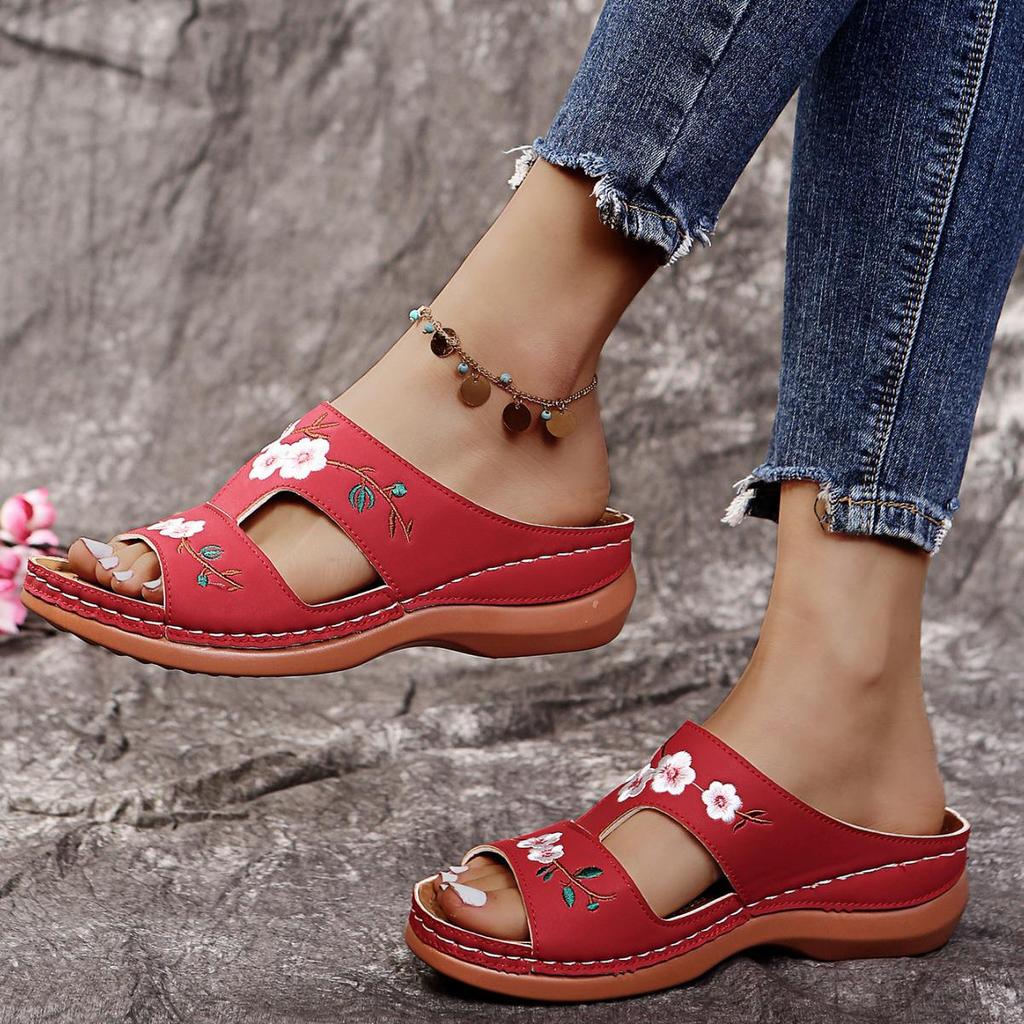 Damen Zehentrenner mit Blumenmuster und dicker Sohle