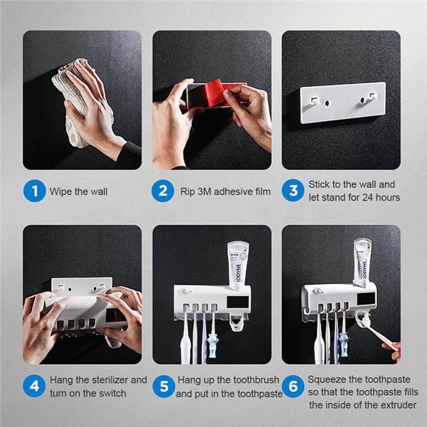 Stérilisateur de brosse à dents 3 en 1 à lumière UV, distributeur automatique de dentifrice, support de brosse à dents intelligent, organisateur de dentifrice, ensemble de salle de bain solaire