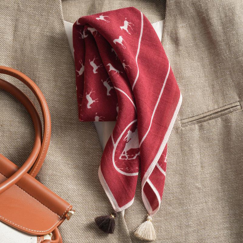 Handmade high-end retro French gemstone silk scarf women's spring and autumn thin cotton and linen small square scarf scarf double-sided scarf