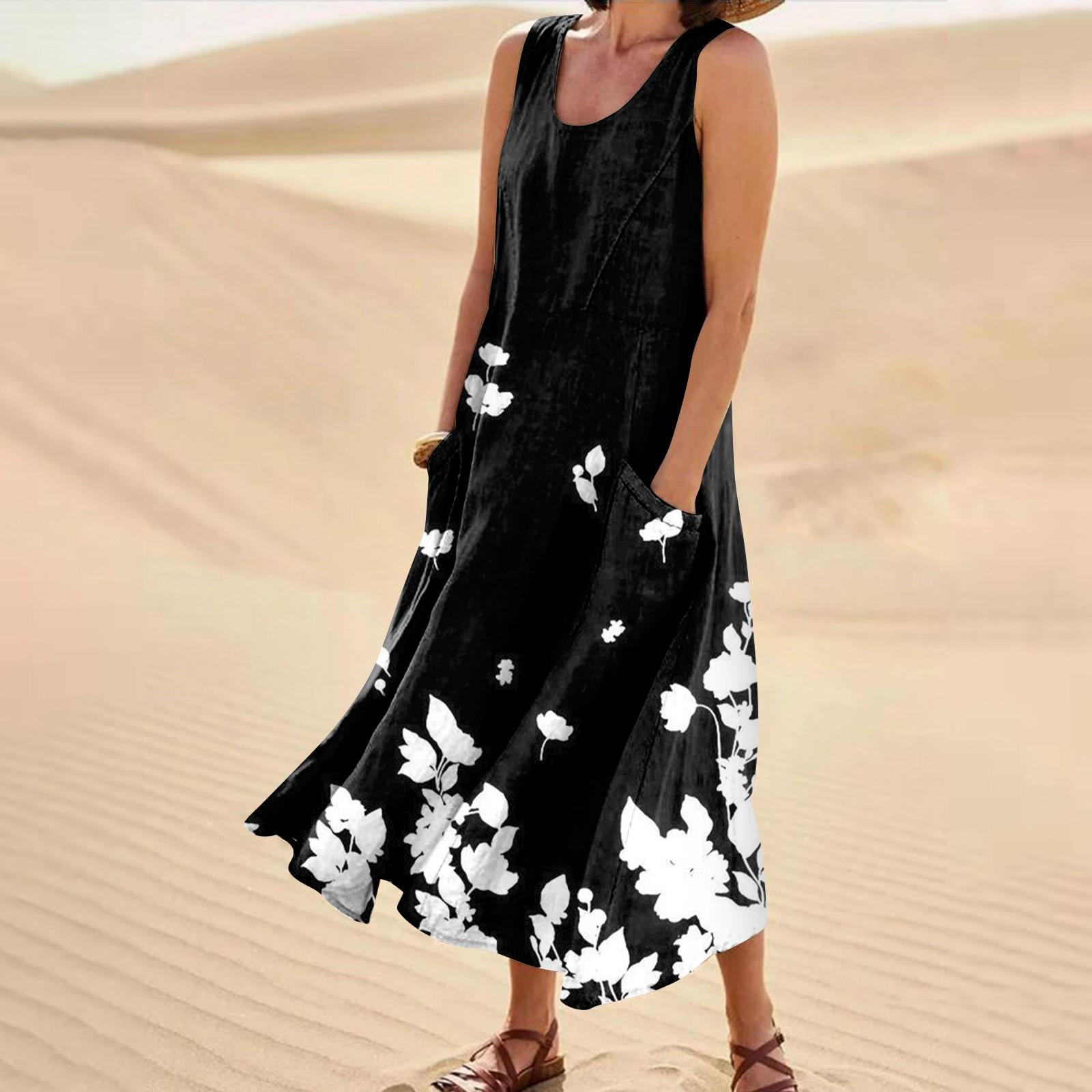 

Женское летнее свободное свободное платье без рукавов с круглым вырезом и карманами L чёрный