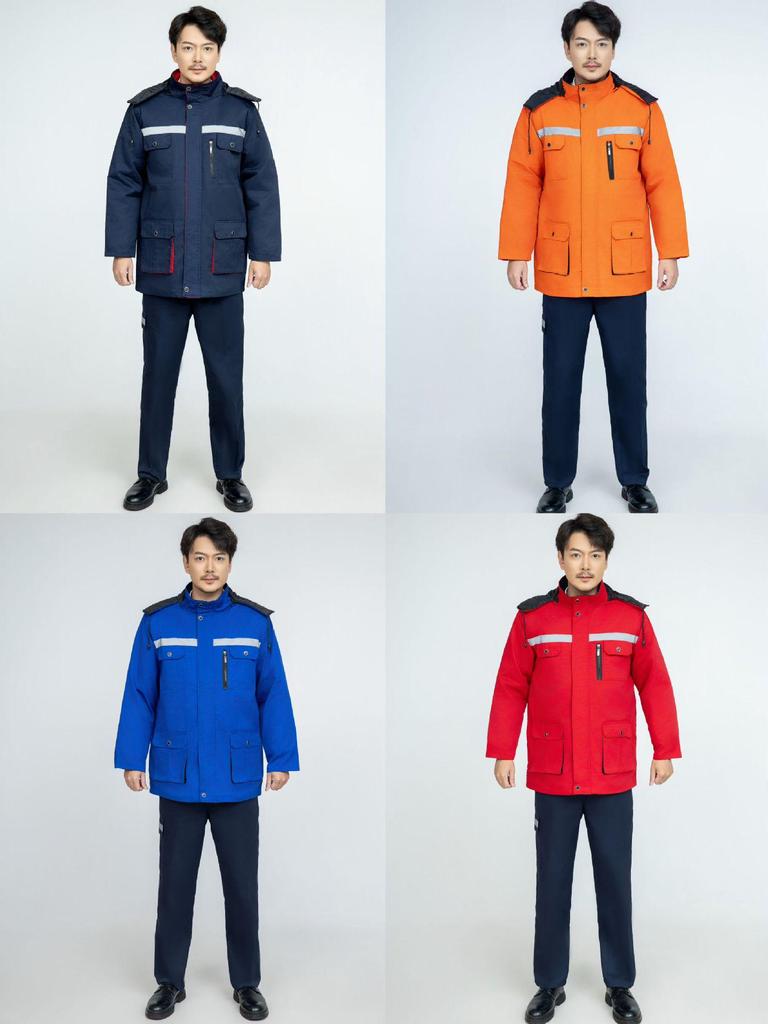 Abbigliamento da lavoro invernale in cotone colorblock riflettente: Giacca e Pantaloni Caldi di Media Lunghezza con Logo Personalizzato