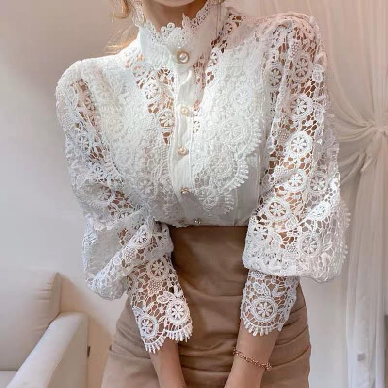 Frauen Stehkragen Spitze Patchwork Shirts Casual Aushöhlen Blume Blütenblatt Hülse Taste Tops Weiße Shirts für Frauen