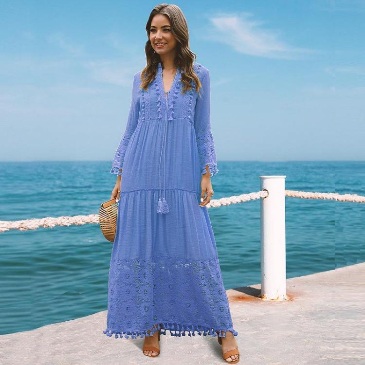 Long Dress for Women Bohemian V Neck Large Size Solid Color Casual Lace Tassel Lady Dress