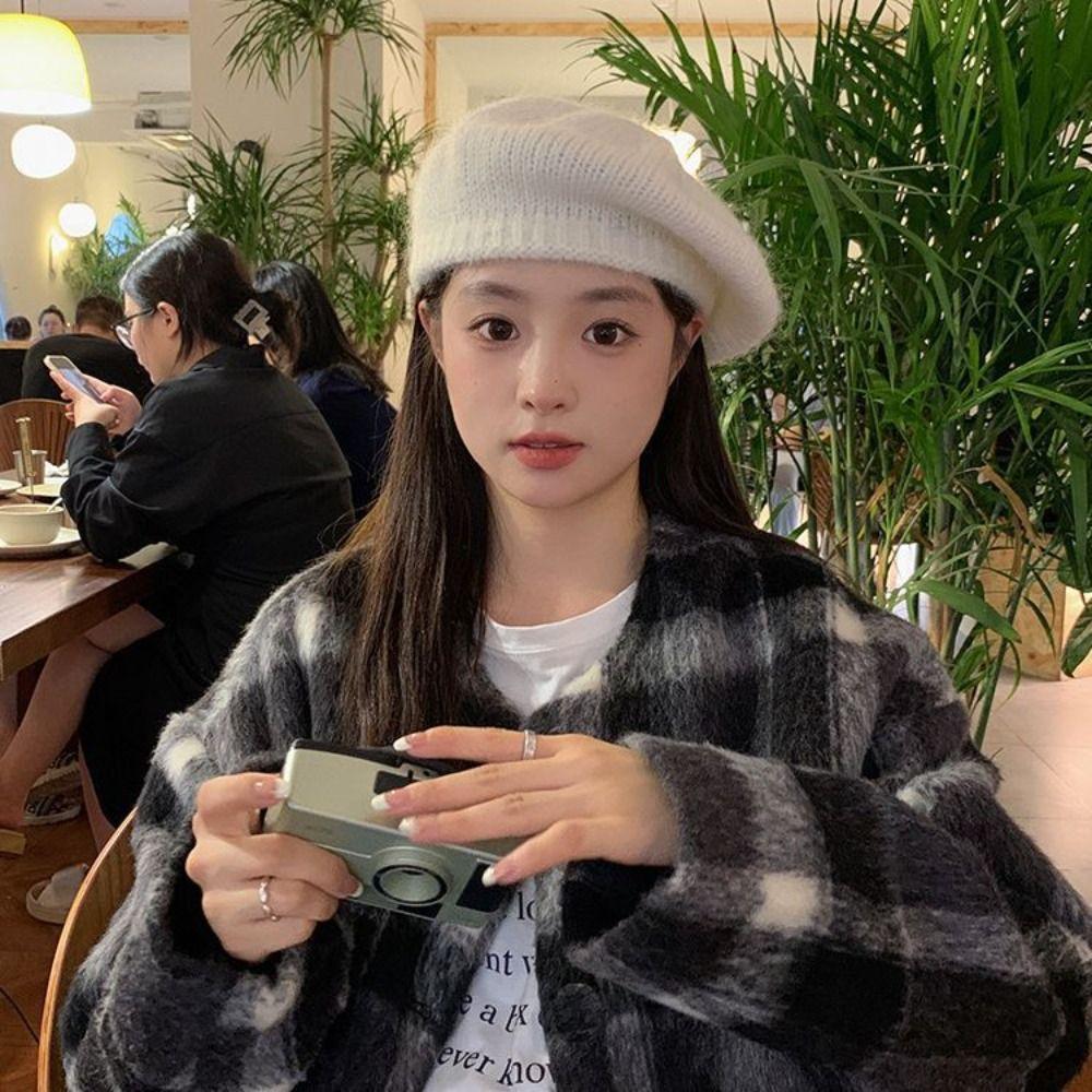 Solid Color Wool Painter Hat Fluffy Knitted Octagonal Cap Casual Knitted Beret Hat  Winter