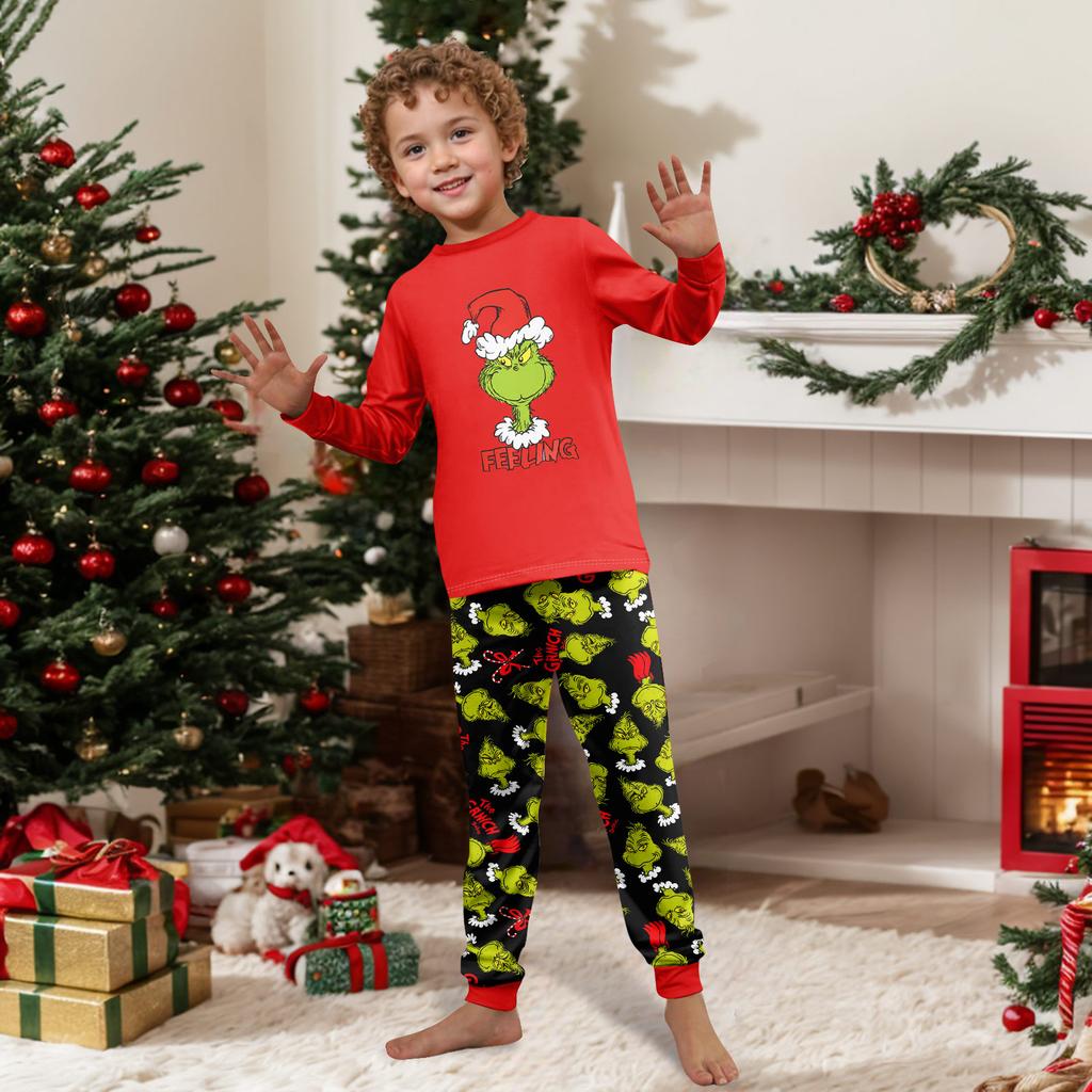 Matching Family Pajama Set with Round Neck Long Sleeve Top and Pants for Women and Kids, Fun Print Loungewear