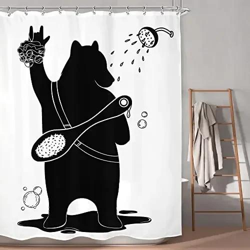 Dinozaur Śmieszny Dino Dzieci Zasłony Prysznicowe Zestaw Łazienkowy Chłopcy Zwierzę Cień Dziewczynki Kreskówka Sylwetka Czarno-Biała Sztuka Dekoracja Łazienki