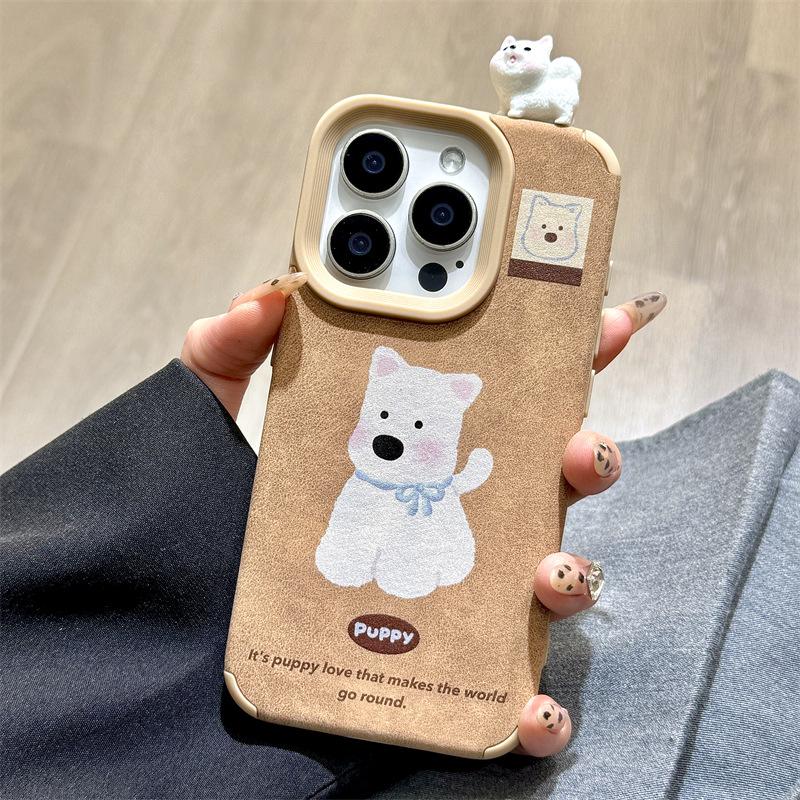 Autumn and Winter Leather Cute Dog Three dimensional Doll Iphone16promax Apple 14 Mobile Phone Case 15 13 Cartoon