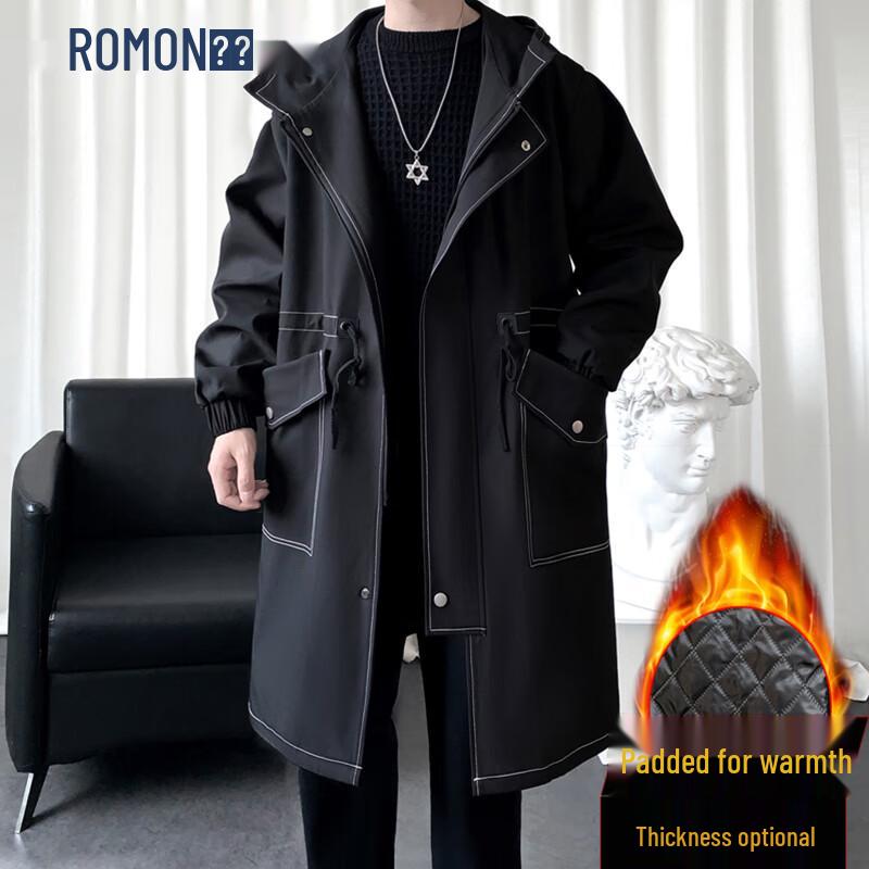 ROMON Men's Mid-Length Hooded Trench Coat