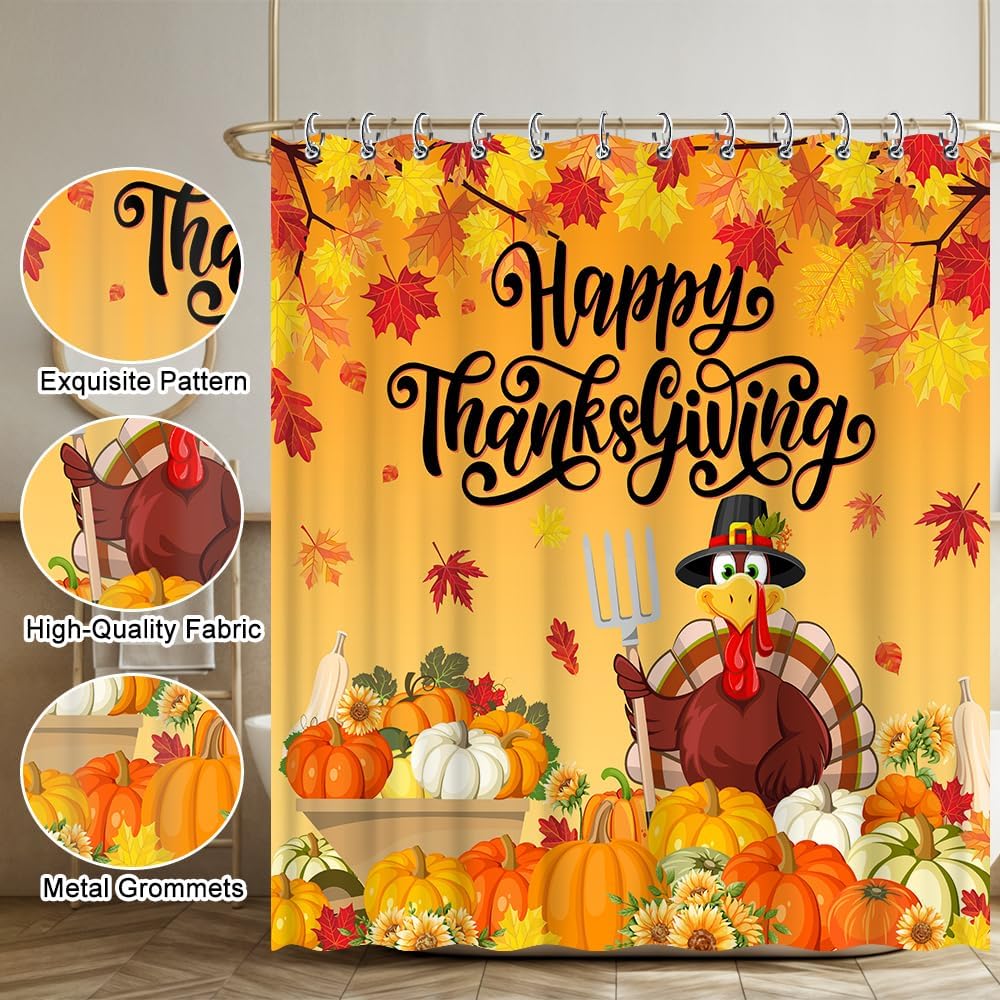 Happy Thanksgiving Day Shower Curtain Turkey Pumpkin Decorations For Autumn Fall Harvest Festival Give Thanks Thankful Fabric