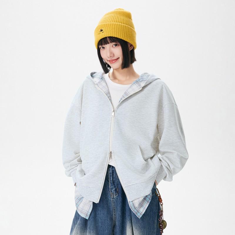 Unisex Kareli Kapüşonlu Fermuarlı Sweatshirt Sahte İki Parça Oversize Günlük Kazak