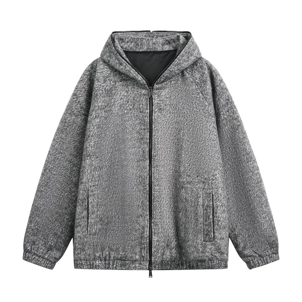 Textured Mohair Silhouette Hooded Jacket Couple Autumn and Winter Retro Lazy Style Thick Cardigan Sweater Jacket