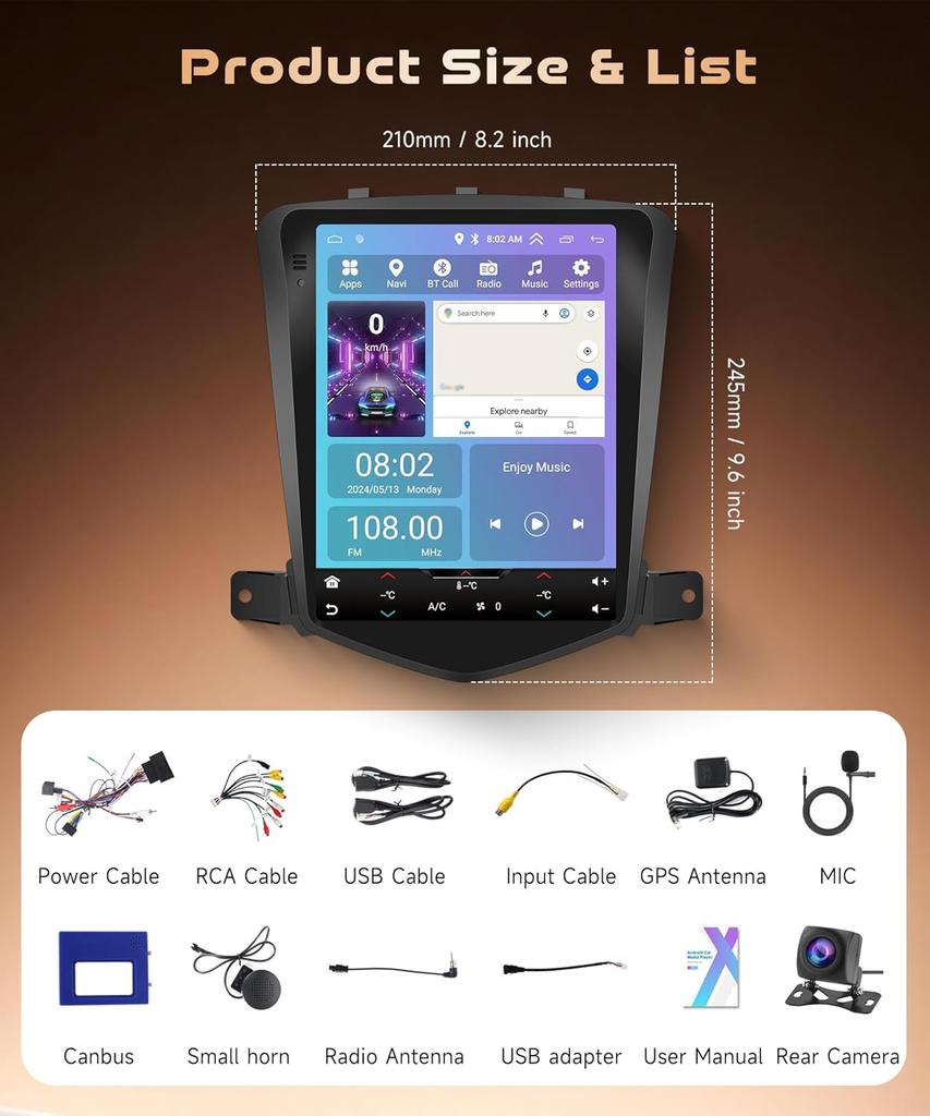 Android 15 Car Stereo for Chevy Cruze 2009-2014, 8Core 4G+64G, CarPlay, Android Auto, 9.7' IPS, GPS, Bluetooth 5.0, AHD Backup