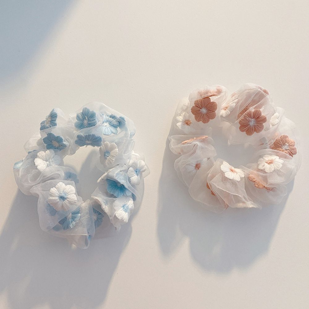 Women Korean Flowers Ponytail Holder Embroidery Elastic Scrunchie Hair Rope Rubber Band Hair Tie