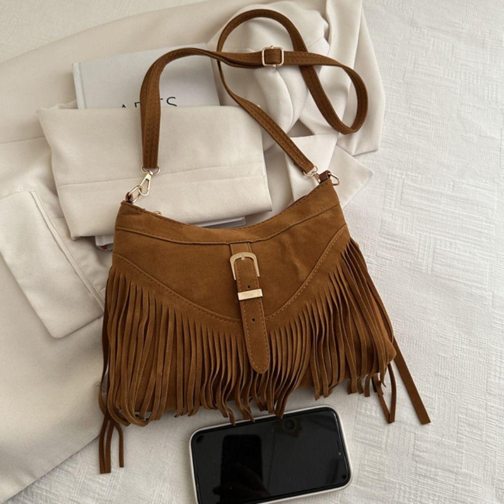 Solid Color Tassel Shoulder Bag Buckle Underarm Packs Sweet Suede Handbag  Travel