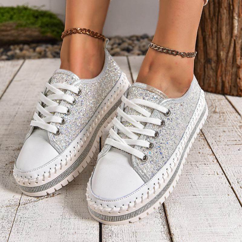 Fashion Women's Sequins Lace Up Casual White Shoes Versatile Thick-soled Non-slip Sneakers Female Fashion Platform Flat Vulcanized Shoes