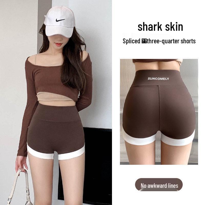 Summer Shark Skin Color Block High-Waist Yoga Pants - Women's Tummy Control Athletic Leggings