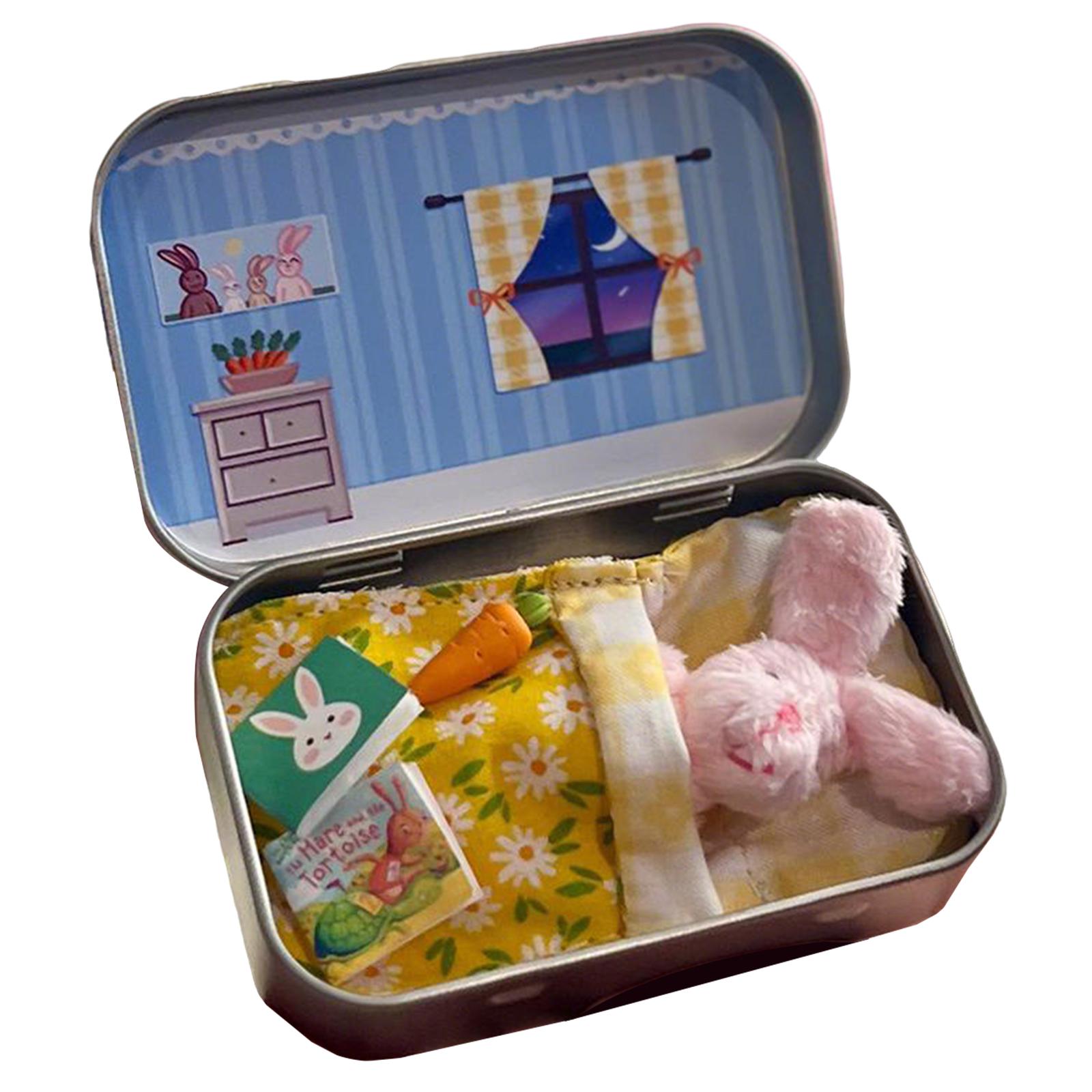 

Mini Rabbit in a Tin Bed Playset with Bedding Carrot Book Accessories Portable Travel Toy for Kids On-the-Go Pretend Play