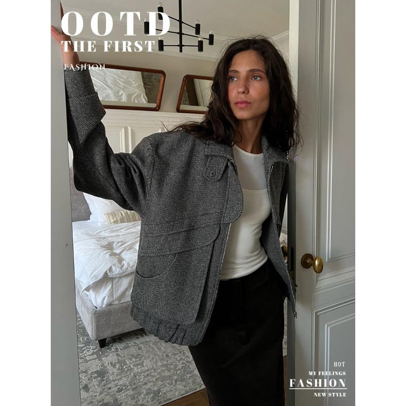 Women Loose Stand Collar Zipper Pocket Herringbone Long Sleeve Jacket Coat