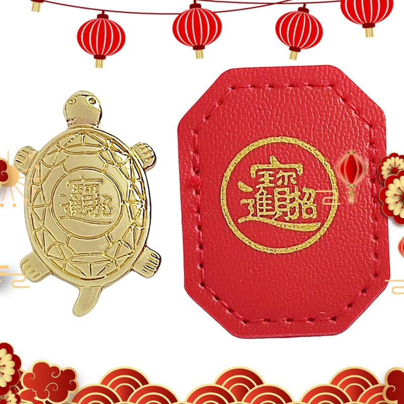 Money Turtle Golden Tortoise Feng Shui Guarding Praying Statue with Red Lucky Leather Case Metal Water Plate Living Wealth