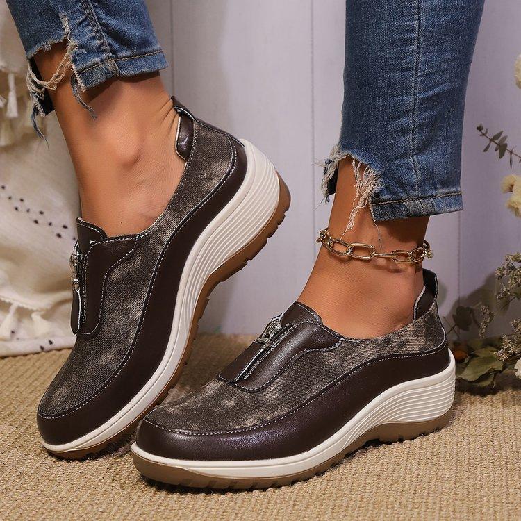 Large Size Color Matching Fashion Single Shoes Running Slope Front Zipper One Pedal Sneakers Women