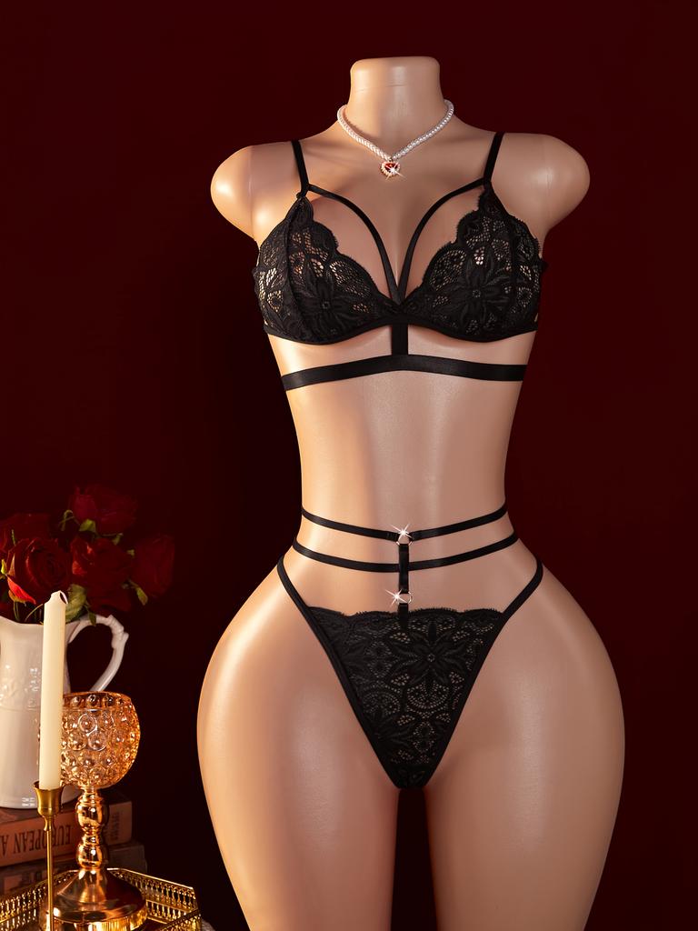 Women's Sexy Lace Sheer Mesh Lingerie Set, 3-Piece Tie-Up Design with Elastic Straps