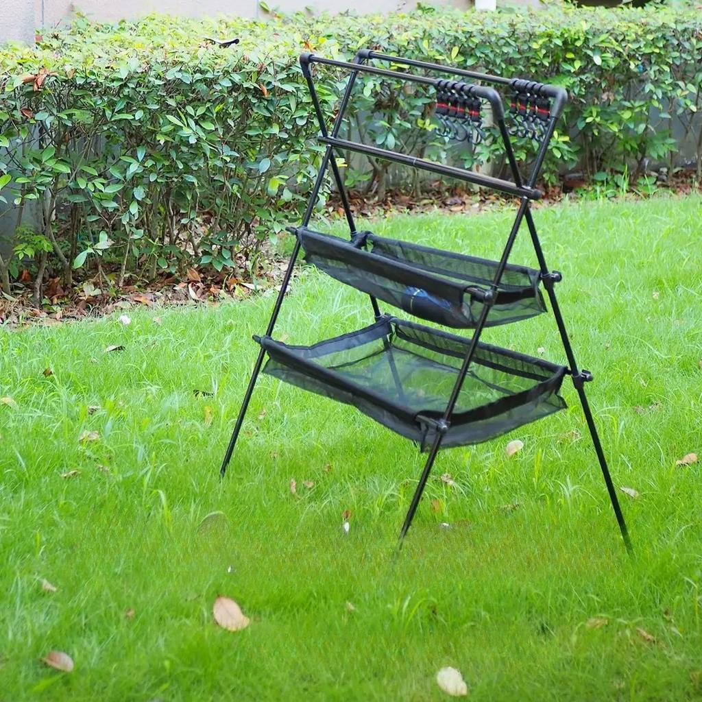 Camping Triangle Shelf Aluminum Alloy Folding Double-Layer Large Capacity with Hook Net Bag Outdoor Glamping Picnic Hanging Rack