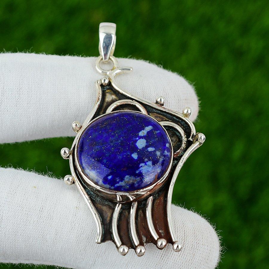 Sterling Silver Round Lapis Lazuli Stone Artisan September Birth Wedding Pendant