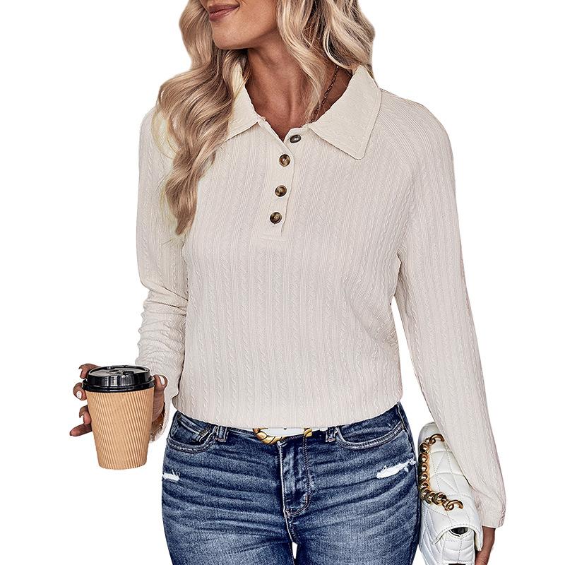 Spring and Autumn Women's Blouse Lapel Solid Color Comfortable Casual Long Sleeve Knit Top