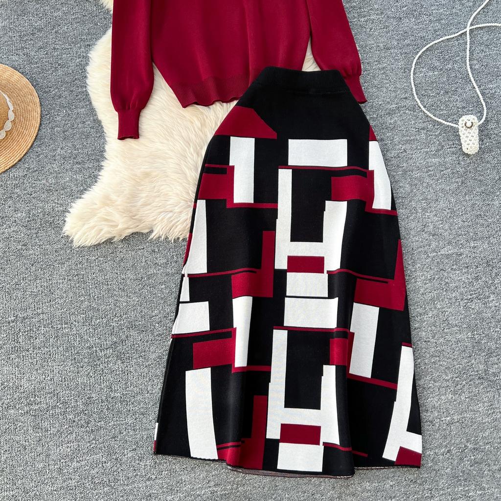 Høst Vinter Kvinner Elegant Strikket Genser Kontor Todelt Sett Ståkrage Pullover Topper og Lang Maxi Skjørt Dress