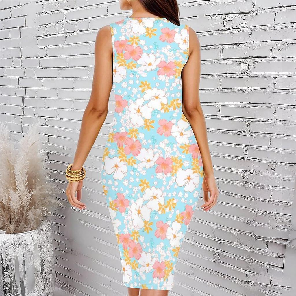 Women Plus Size Sleeveless Round Neck Midi Bodycon Dress Dark Blue Plum Branch Print Slim Fitted Dress