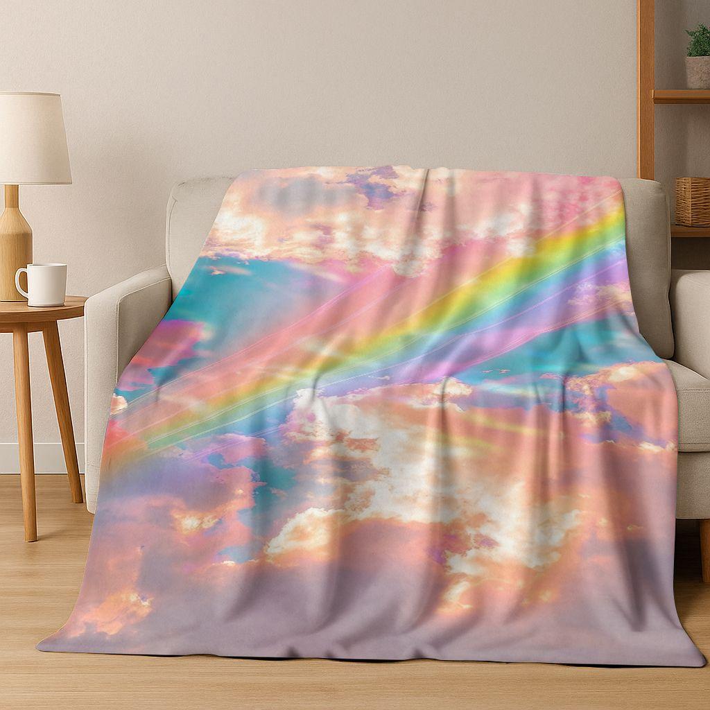 Colorful Rainbow Clouds Dream Sky Cartoon Flannel Blanket,Cozy Soft Throw Blanket for Home Bedroom Bed Sofa Picnic Cover Kids