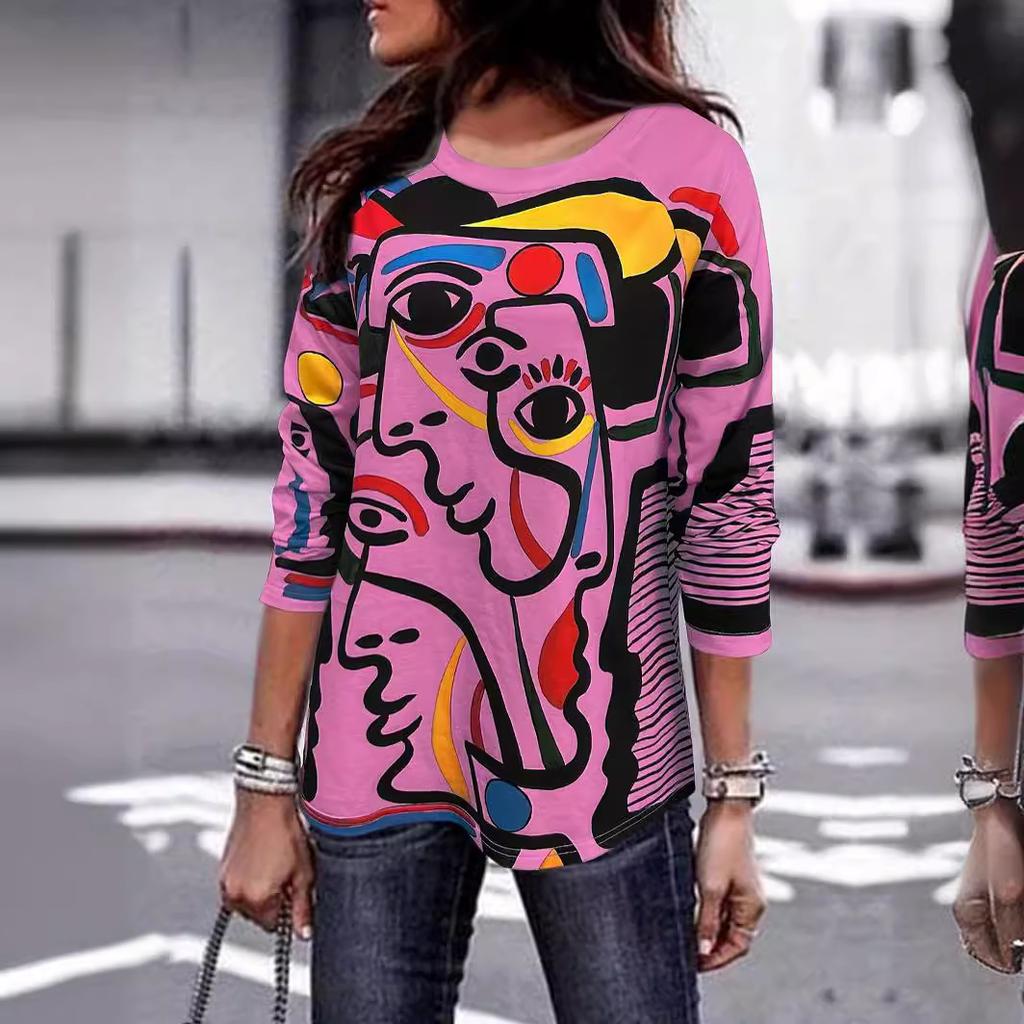 Spring and Autumn Round Neck 3D Abstract Art Printed Top Fashionable Casual Long Sleeved Women's T-shirts